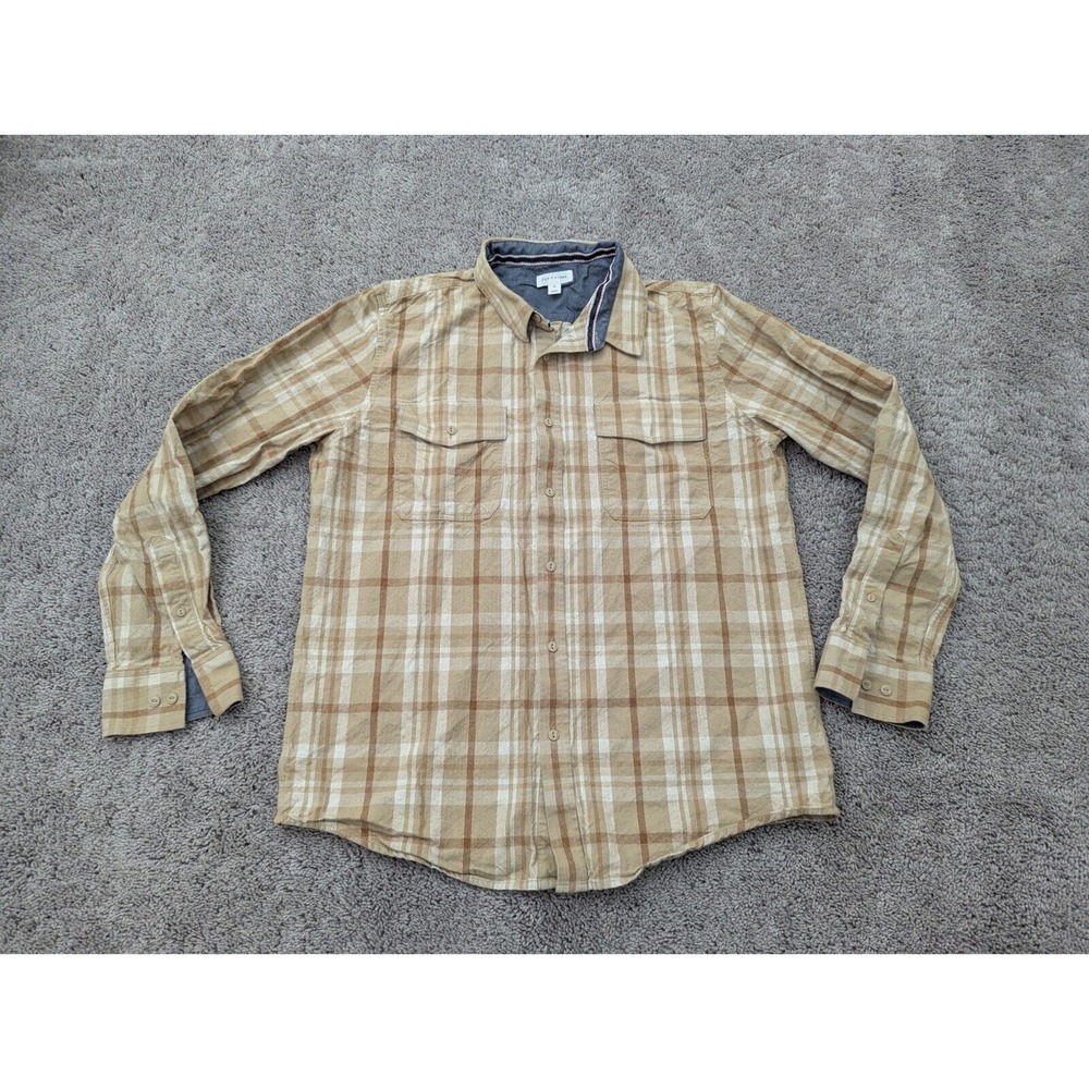 Sun + Stone Button Up Shirt Mens Extra‎ Large Plaid Beige Casual